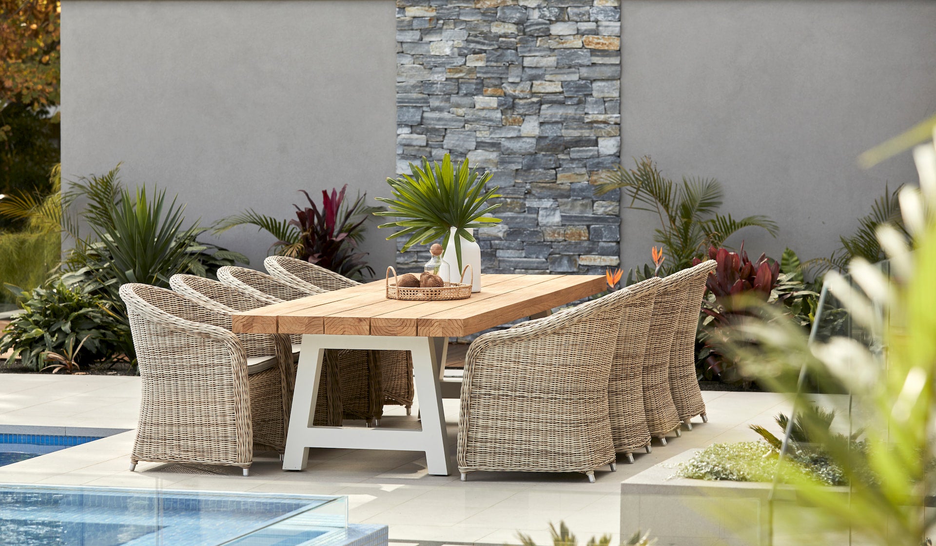 crosstie outdoor teak table chunky with wicker chairs