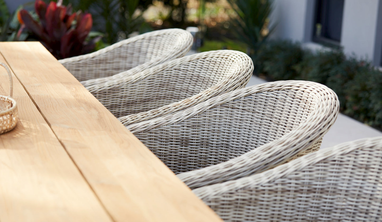 crosstie outdoor teak table chunky with wicker tub chairs