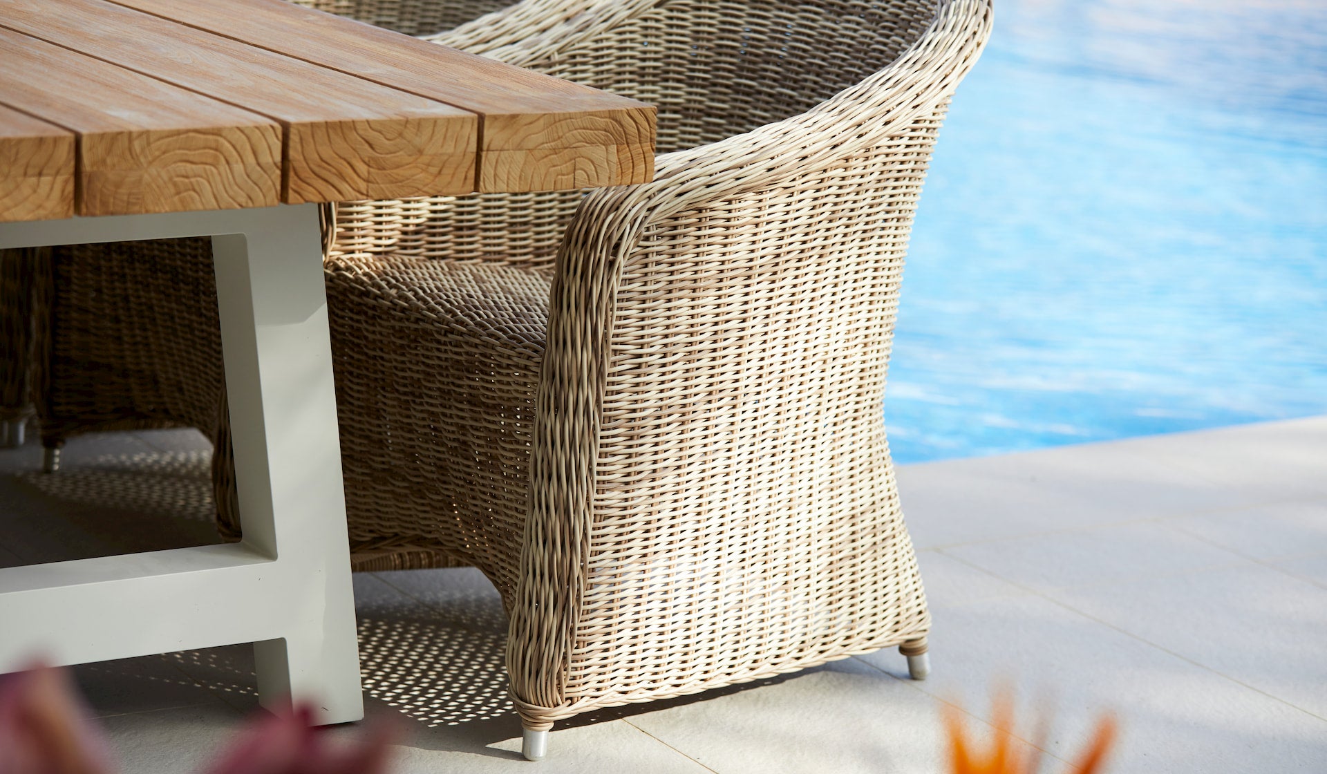 crosstie outdoor teak table chunky with wicker chair