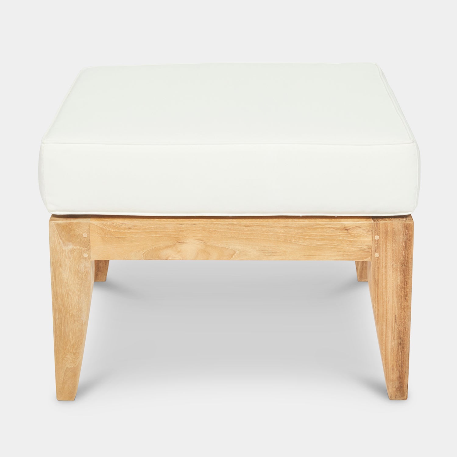 teak ottoman frame with white weather resistant cushion